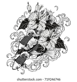 Koi fish and Hibiscus tattoo by hand drawing.Tattoo art highly detailed in line art style.