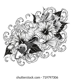 Koi fish and Hibiscus tattoo by hand drawing.Tattoo art highly detailed in line art style.