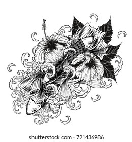 Koi fish and Hibiscus tattoo by hand drawing.Tattoo art highly detailed in line art style.