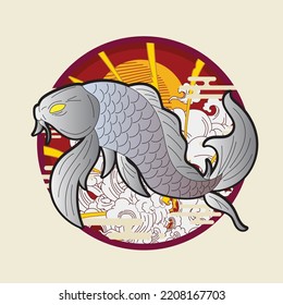 koi fish illustration design with retro japanese style background