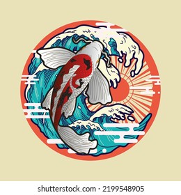 koi fish illustration with japanese style background