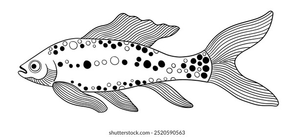 Pescado Koi, garabato de carpa japonesa. Ilustración de grabado en blanco y negro.