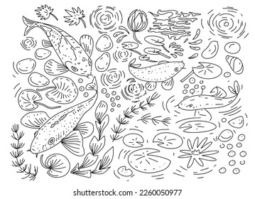 Koi fish japanese garden underwater body of water lily leaves water stones bubbles and circles on the water graphic illustration hand drawn coloring book for adults and children