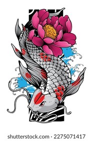 Koi Fish with Japanese Wave and Flowers Tattoo Japanese Illustration Style Isolated Vector. Editable Layer and Color.