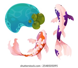 Pescado Koi con lago. Conjunto de ilustraciones de naturaleza de Vector