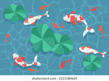 Koi peixe no lago. Peixes asiáticos tradicionais na água com lírios. Animais náuticos manchados de manchas vermelhas e brancas subaquáticos. Tradições e cultura japonesa e chinesa. Ilustração de vetor plano