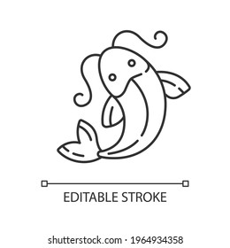 Koi fish linear icon. Traditional Japanese symbol of luck. Water pond creature. Chinese culture. Thin line customizable illustration. Contour symbol. Vector isolated outline drawing. Editable stroke