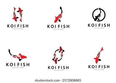 Koi Fish Logo Design, Chinese Lucky And Triumph Ornamental Fish Vector, Company Brand Gold Fish Collection Bundle Set 