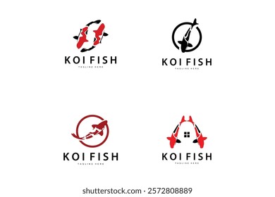 Koi Fish Logo Design, Chinese Lucky And Triumph Ornamental Fish Vector, Company Brand Gold Fish Collection Bundle Set 