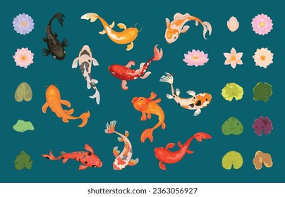 Koi fish and lotus. Botanical elements collection, japanese style garden lake design. Underwater characters and nature, nowaday vector clipart