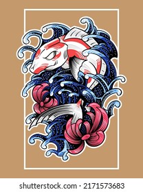 Koi Fish con Lotus Flower y Finger Wave japonés estilo T-Shirt Illustration Design. Vector De Ilustración Japonés Koi Fish Aislado. Adecuado para diseño de camisetas, afiche, logotipo y fondo de escritorio.