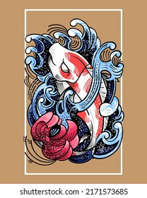 Koi Fish con Lotus Flower y Finger Wave japonés estilo T-Shirt Illustration Design. Vector De Ilustración Japonés Koi Fish Aislado. Adecuado para diseño de camisetas, afiche, logotipo y fondo de escritorio.