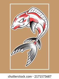 Koi Fish with Lotus Flower and Finger Wave Japanese Style T-Shirt Illustration Design. Koi Fish Japanese Illustration Vector Isolated. Suitable for T-Shirt Design, Poster, Logo, and Wallpaper.