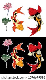 koi fish and lotus flower for tattoo design.Chinese koi carp isolate vector.colorful and sticker koi fish for print.