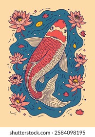Koi Fish and Lotus Flowers illustration design