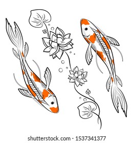 Koi fish with lotus flowers and leafs vector illustration. Japanese oriental colorful carps swimming. Chinese Asian traditional goldfish isolated on white background top view outline, tattoo, doodle.