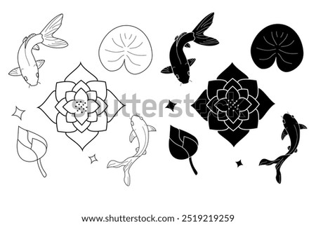 Koi fish with lotus flowers and leafs vector illustration. Japanese oriental colorful carps swimming. Chinese Asian traditional goldfish isolated on white background top view outline, tattoo, doodle.
