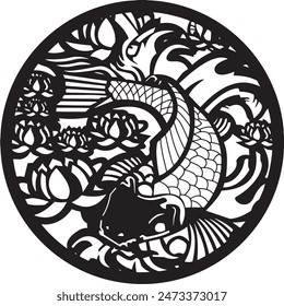 Koi Fish And Lotus Flowers In Round Frame Vector