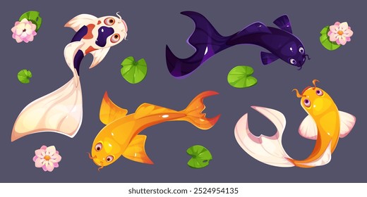 Koi pez y flores de loto conjunto aislado sobre fondo negro. Ilustración de dibujos animados de Vector de carpas blancas y doradas nadando en el estanque asiático tradicional, Elementos de diseño de jardín de agua japonesa vista superior