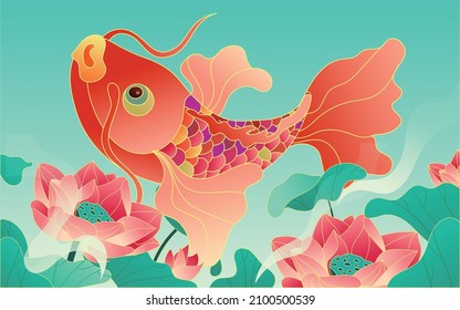 Koi fish and lotus. Japanese carp, flowers and leaves of water lilies. China asian traditional vector set