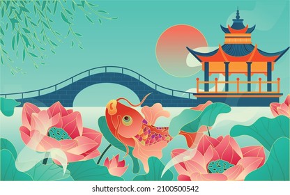 Pescado y loto de Koi. Carpa japonesa, flores y hojas de nenúfares. Conjunto de vectores tradicionales de Asia