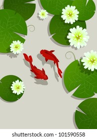 Koi fish and lotus leaves and flowers background card with room for text