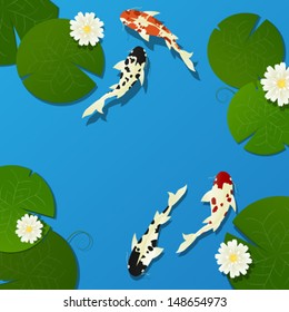 Koi fish and lotus leaves, flowers