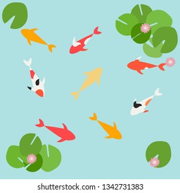 Koi fish lotus pond seamless pattern, flat, top view