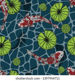 Koi fish with lotus seamless pattern by hand drawing.Carp fish on water background for wallpaper.