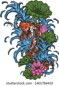 Koi fish with lotus vector by hand drawing.Beautiful fish in water.Carp fish graphics design art highly detailed in line art style.Koi fish for tattoo or wallpaper.