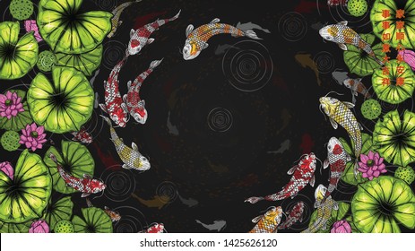 Koi fish with lotus vector by hand drawing.Beautiful fish in water.Carp fish graphics design art highly detailed in line art style.Koi fish for pattern or wallpaper. Chinese side Means a wish for good