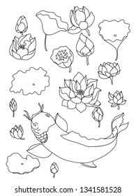 Koi fish and lotus vector set for sticker and printing on white background.