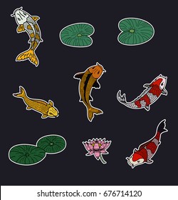 koi fish and lotus vector set on black background.Traditional Japanese culture art for printing on white background. 