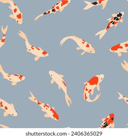 Pescado de Koi en un fondo azul. Patrón vectorial sin foco con carpas coloridas.