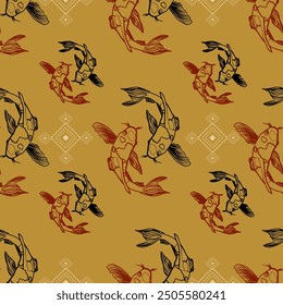 ๋Japanese koi fish on brown paper, seamless pattern.