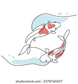 Koi fish one continuous line drawing. Vector illustration isolated on white background. Minimalist design handdrawn.