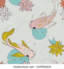 Koi fish oriental pattern. Summer fish tender rose yellow pattern. Japanese gold fish floral nature design. Carp in lake with lotus blossom texture. 