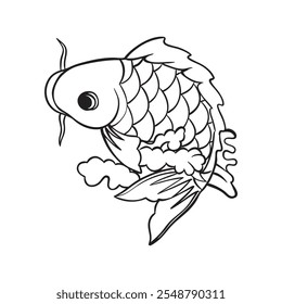 Koi pescado contorno blanco y negro lindo libro para colorear, Ilustración vectorial.