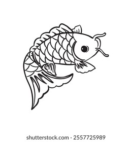 Koi fish outline black and white cute coloring book, vector illustration.