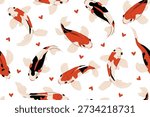 Koi fish pattern. Japanese carp seamless print, colorful oriental carp fish background for wrapping paper, textile, wallpaper, fabric design. Vector cartoon texture.
