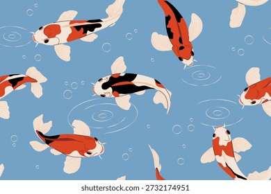 Koi fish pattern. Japanese carp seamless print, colorful oriental carp fish swim in pond background for wrapping paper, textile, wallpaper, fabric design. Vector cartoon texture.