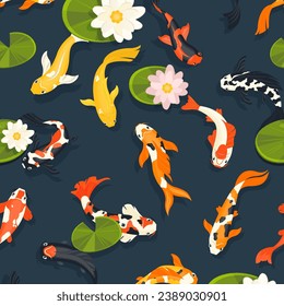 Koi fish pattern. Seamless print of chinese koi fish swimming in pond, traditional asian animal ornament for fabric wallpaper. Vector texture. Underwater wildlife with colorful spotted animals