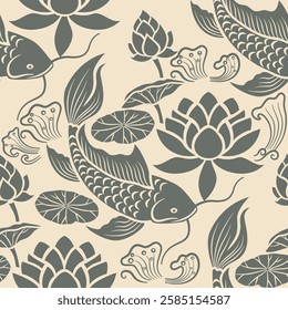 koi fish pattern, silhouettes style hand drawn for Textiles Tiles Wallpaper