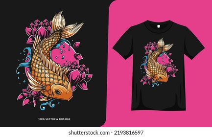 koi fish pink flower artwork with tshirt template. vector illustration