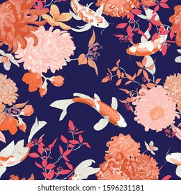 Koi Fish Pond Seamless Vector Pattern Chrysanthemum Wallpaper Design