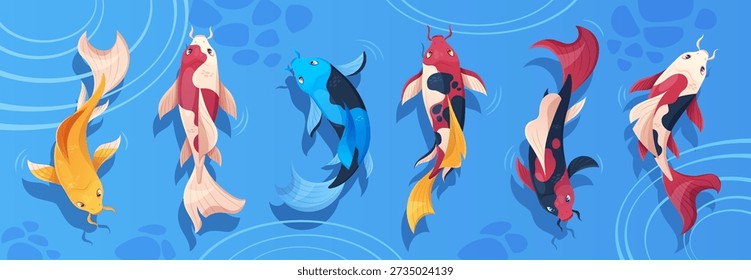 Vista superior del estanque de peces Koi con colorida carpa japonesa nadando en aguas tranquilas. Ilustración vectorial de Elementos tradicionales de jardín zen oriental: animales sobre agua azul con efecto ondulado decorativo.
