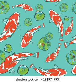 Koi fish in pond, Water Lillies, vector, goldfish
