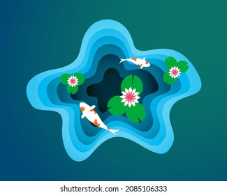 koi fish in the pool with lotus by paper cut style vector by vector design