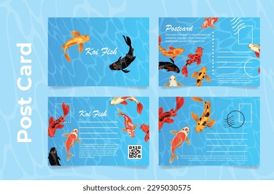 Koi fish post card design template letter mail correspondence stamp set vector illustration. Oriental carp swim nautical animal exotic east culture postcard postage address send delivery decor element