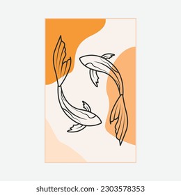 koi fish poster design with line art logo , kohaku fish logo icon design